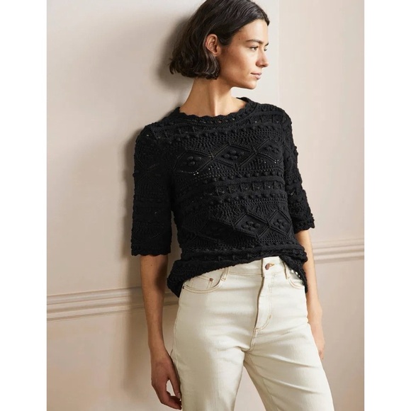 Boden Claudia Textured Knitted Short Sleeve Top in Black - Picture 1 of 8